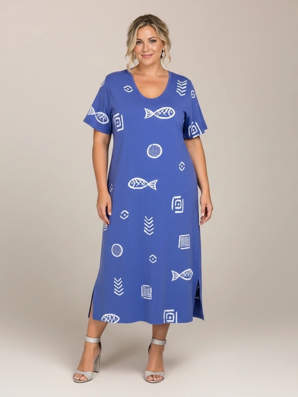 M.MAC Rock Fish V-Neck Cotton Knit Dress Blue Women’s Large Coastal Nautical